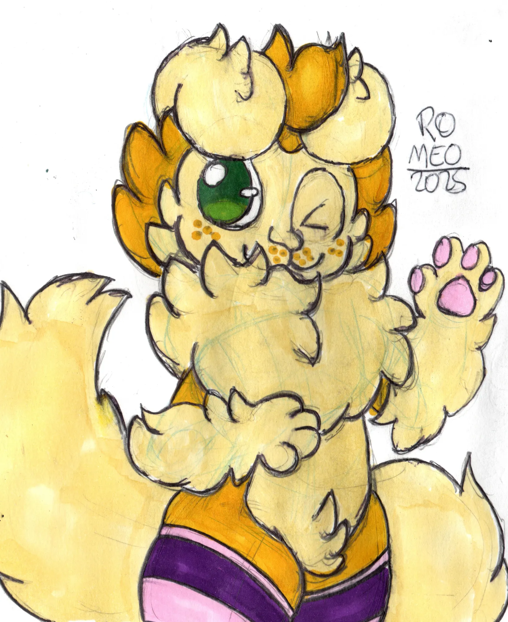 O Romeo, o meu fusona principal que é um mestiço de Coelho com Feneco, está acenando para alguém e ele está vestindo meias listradas na cor roxa