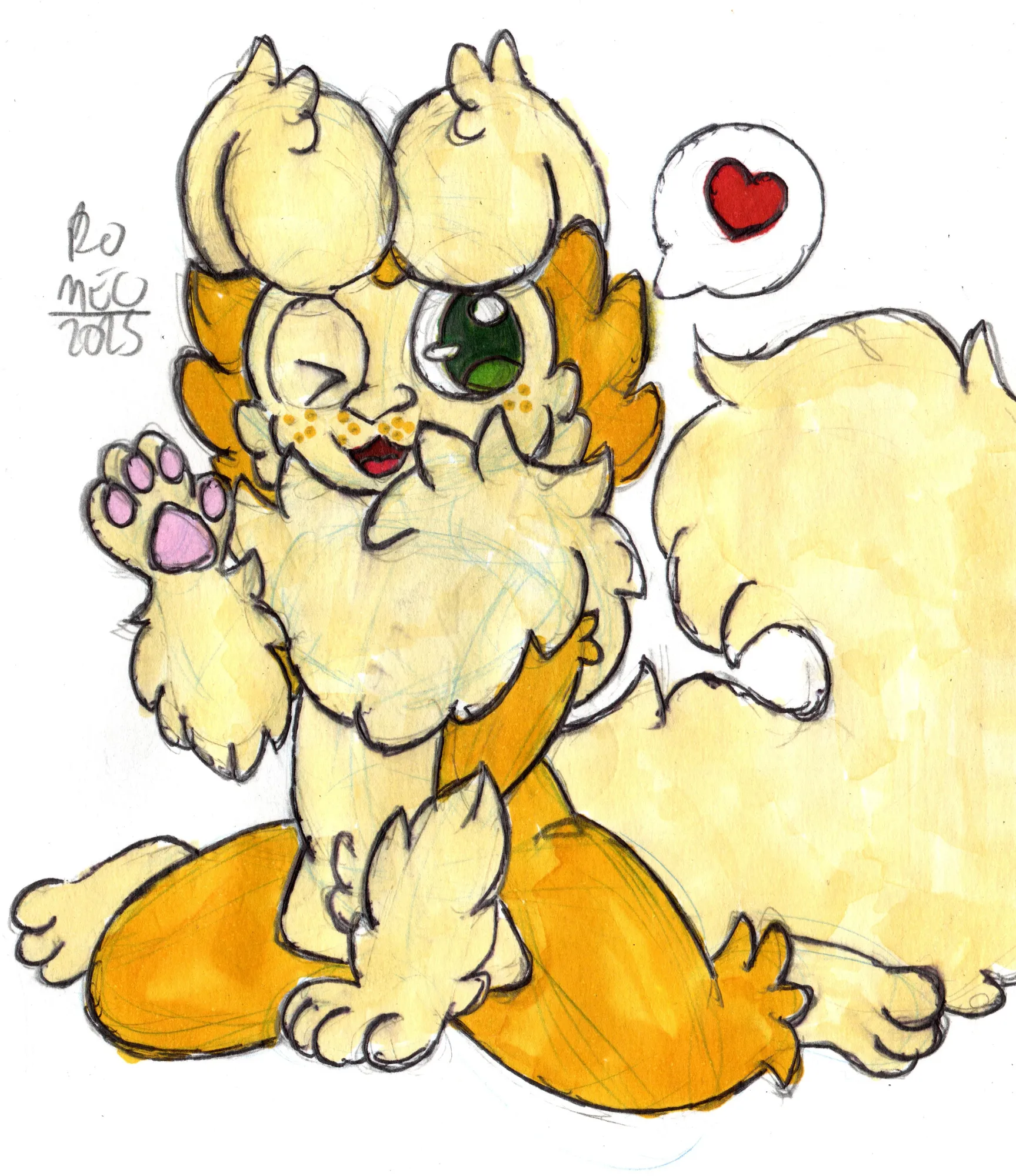 O Romeo está sentado e acenando para alguém. Ele está olhando para o lado, e uma das paras está no chão. E essa é a versão do desenho em que colori as partes mais claras do Romeo com um marcador amarelado.