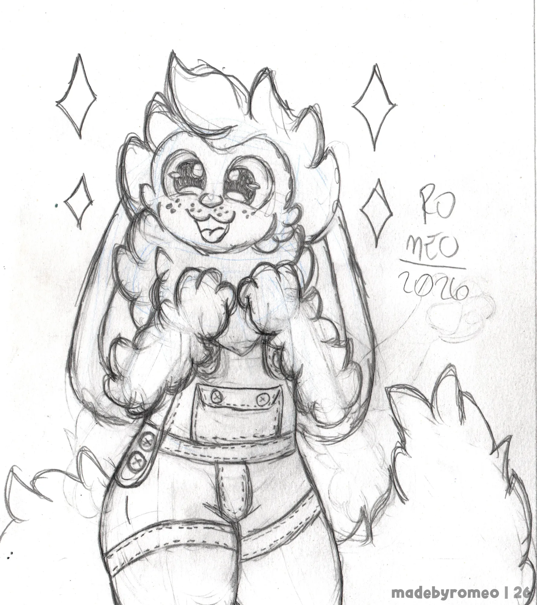 Apenas o Romeo com as patas próximas ao peito e te olhando, bem alegre