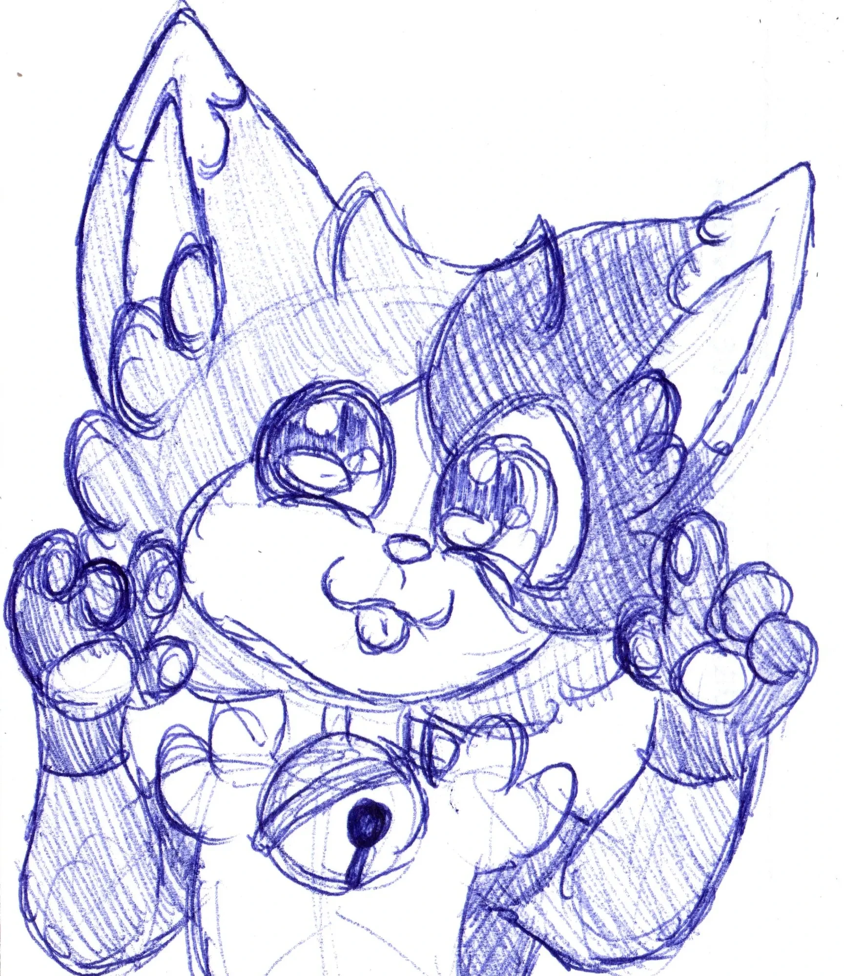 Um desenho feito com caneta num papel em que tentei usar hachuras para 'colorir' ele. O Mocha está com as patas levantadas e mostrando a língua para quem está olhando para ele.