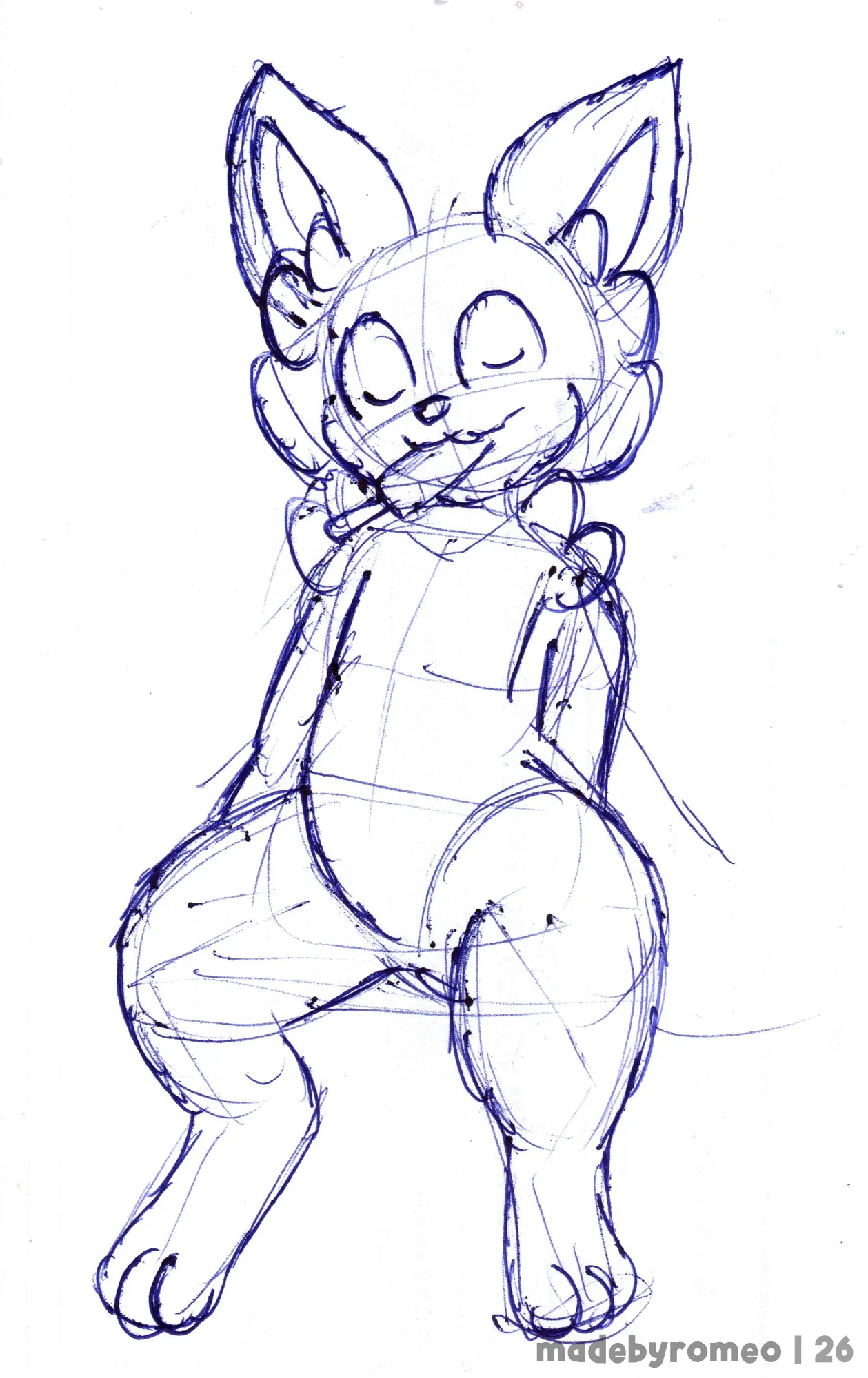 Um personagem sentado, com uma das patas apoiada no chão e acenando com a outra