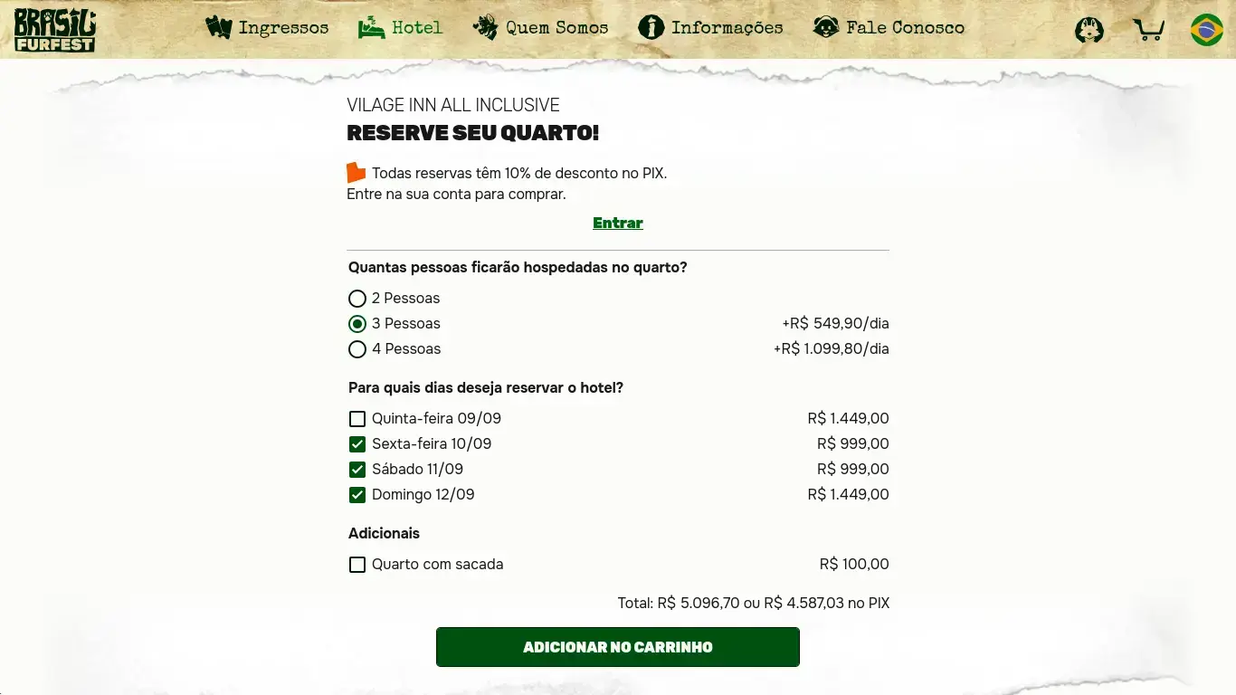 Preço a se Pagar pelo Site da Brasil FurFest para se hospedar com mais um amigo: R$ 5.096